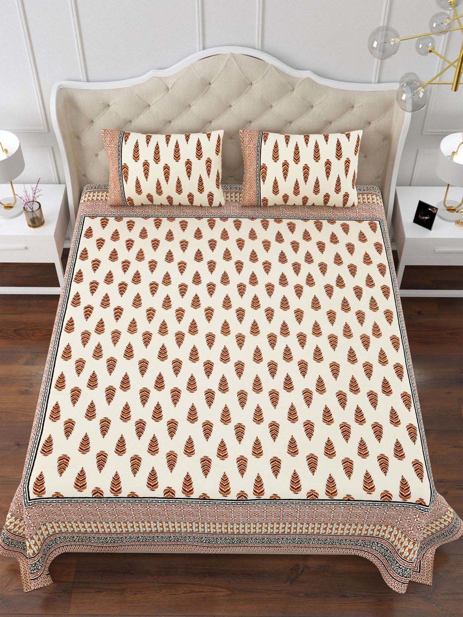 Aapno Rajasthan Evergreen Desert Brown & Orange Cotton 140 GSM Double Bedsheet With 2 Pillow Cover