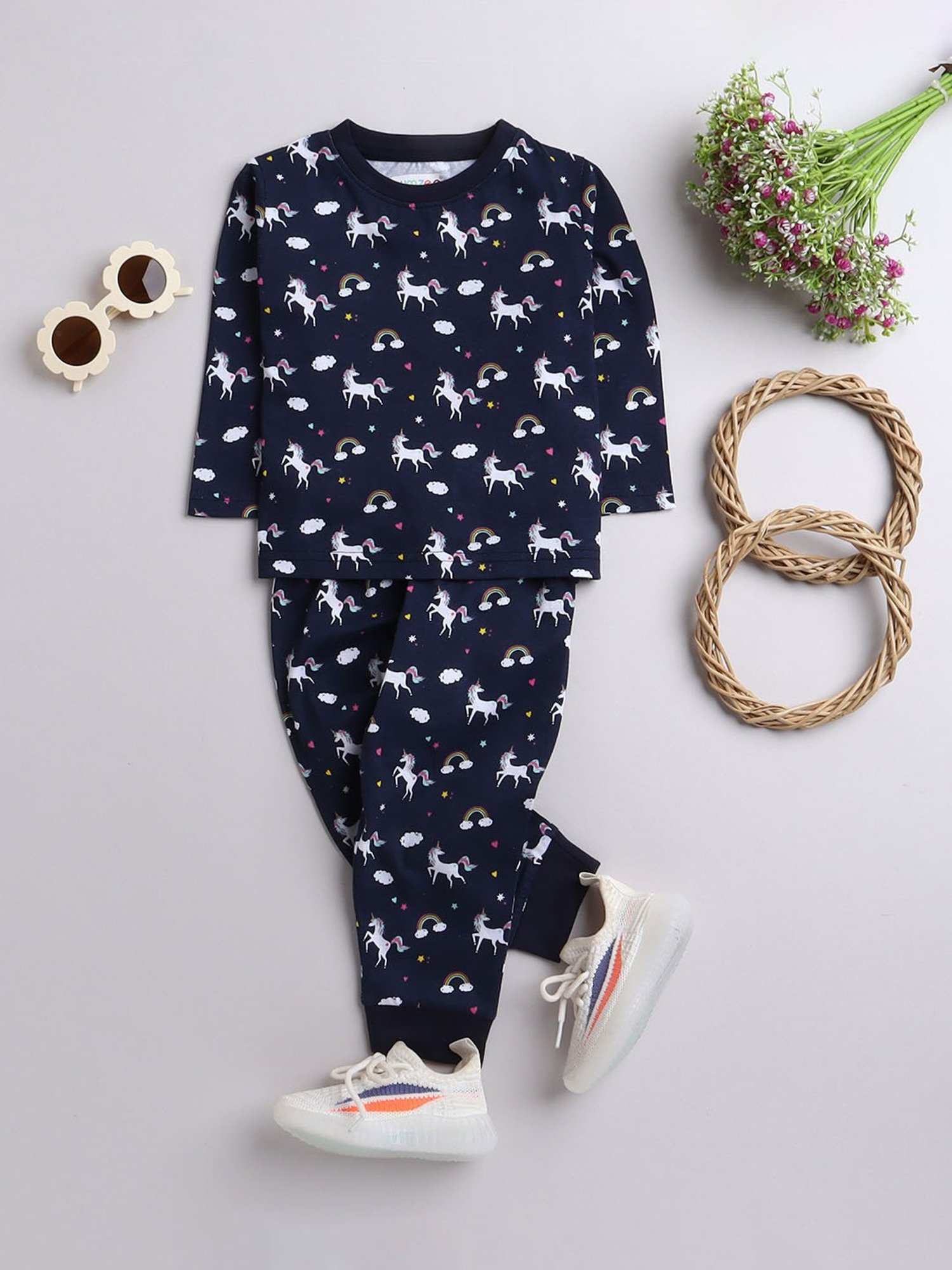 Bumzee Kids Navy Printed Full Sleeves T-Shirt with Pyjamas