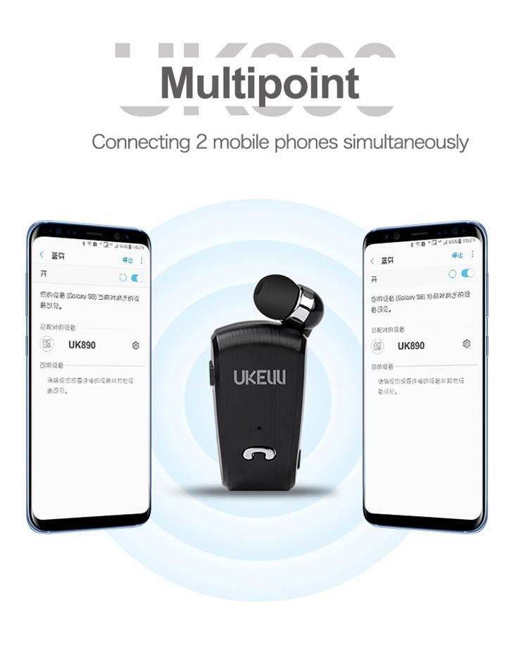 Retractable Wireless Bluetooth Earbud Headset with Built-in Microphone - White