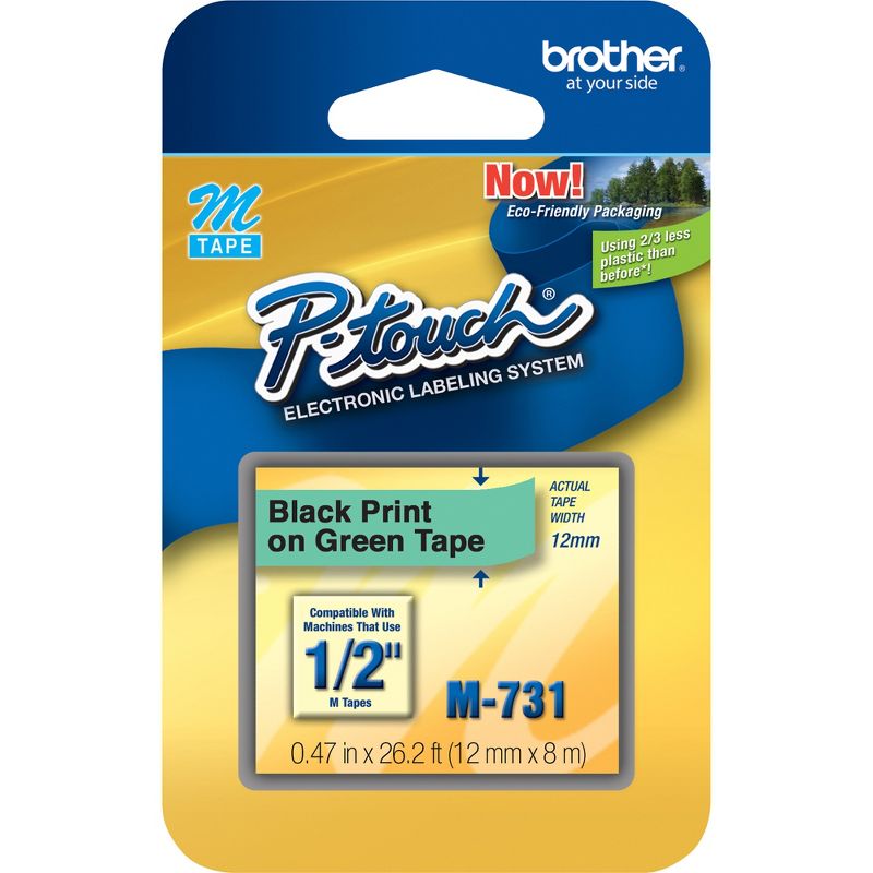 Brother P-touch Nonlaminated M Series Tape Cartridge - 1/2" Width x 26 1/5 ft Length - Rectangle - Direct Thermal - Green - 1 Each