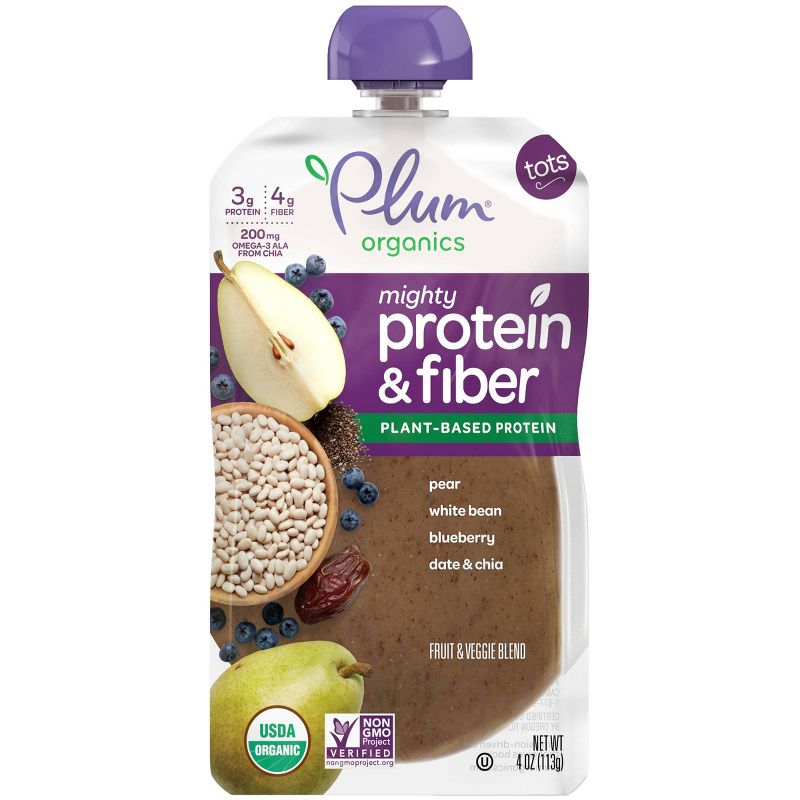 Plum Organics Mighty Protein & Fiber Pear White Bean Blueberry Date & Chia Baby Food Pouch - 4oz