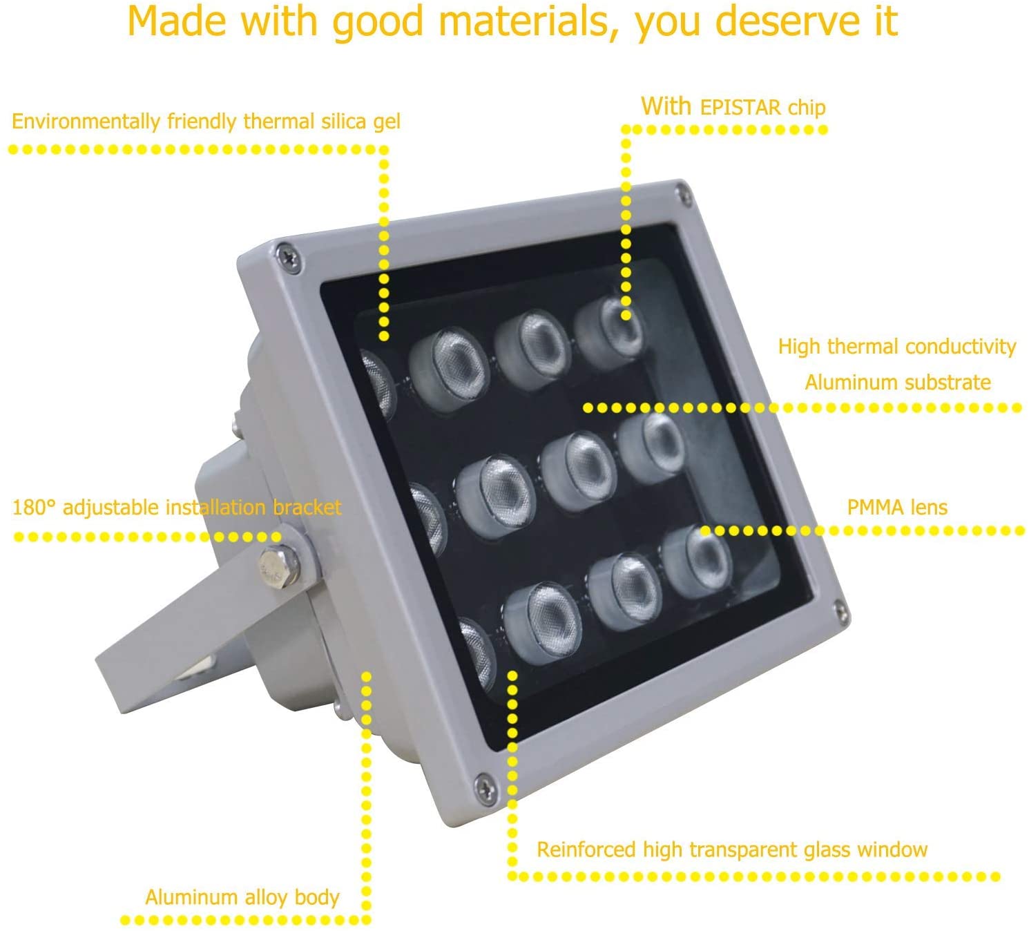 AUTENS IR Illuminator, 850nm 12-Led Wide Angle IP67 Waterproof Night Vision IR Infrared Light for IP Camera CCTV Analogue Security Surveillance Camera with 12V DC Power Adapter (90 Degree)