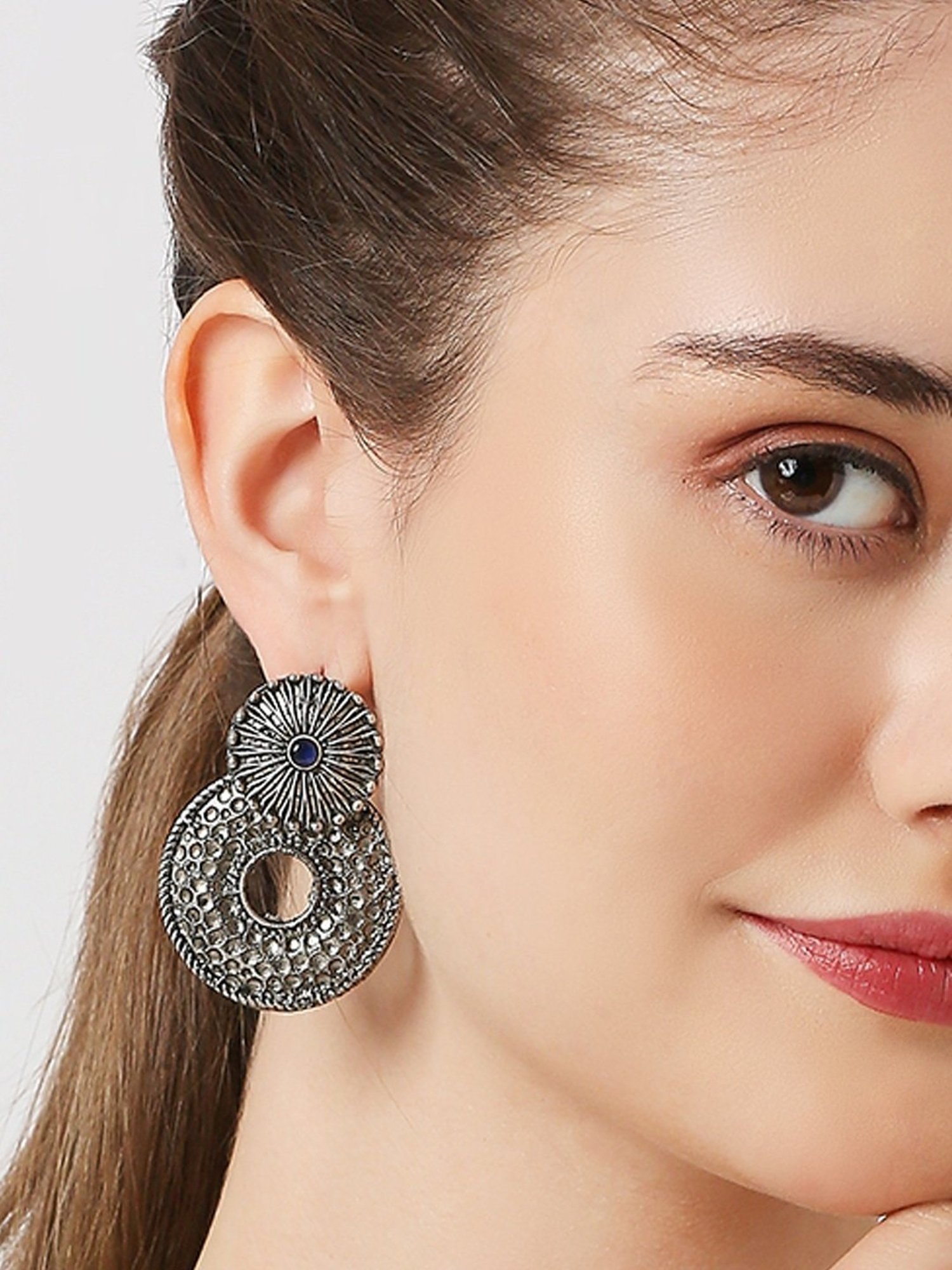 Oomph Jewellery Oxidized Silver Ethnic Hand Made Hammered Look Silver Look Alike Stud Earrings