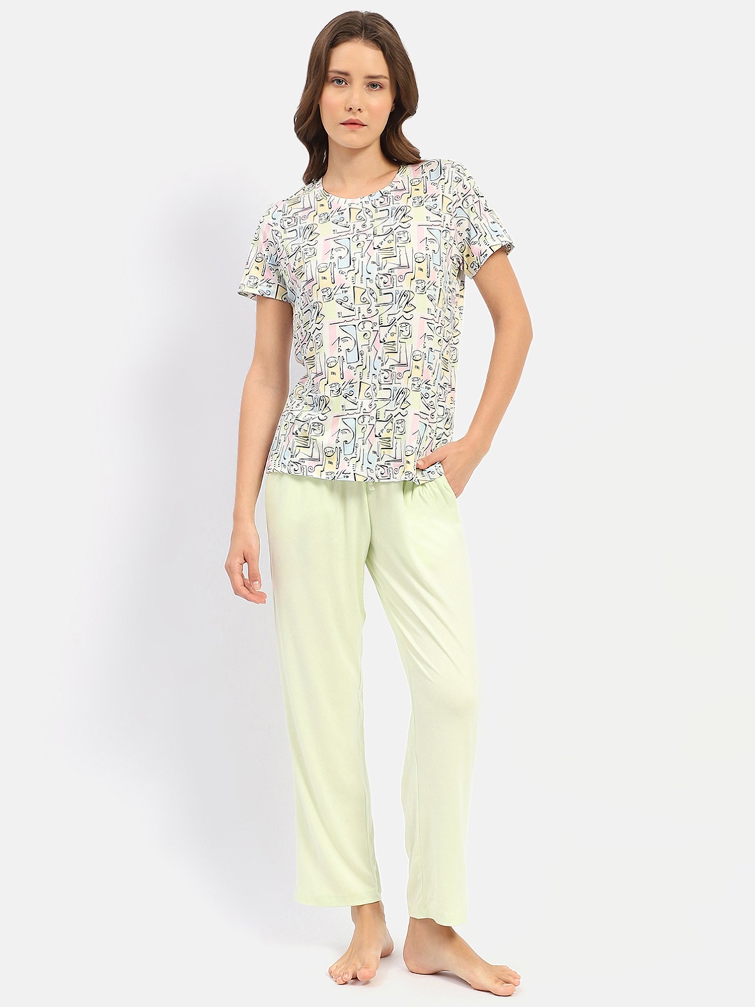 MADAME M Secret Lime Green Printed T-Shirt With Pyjamas