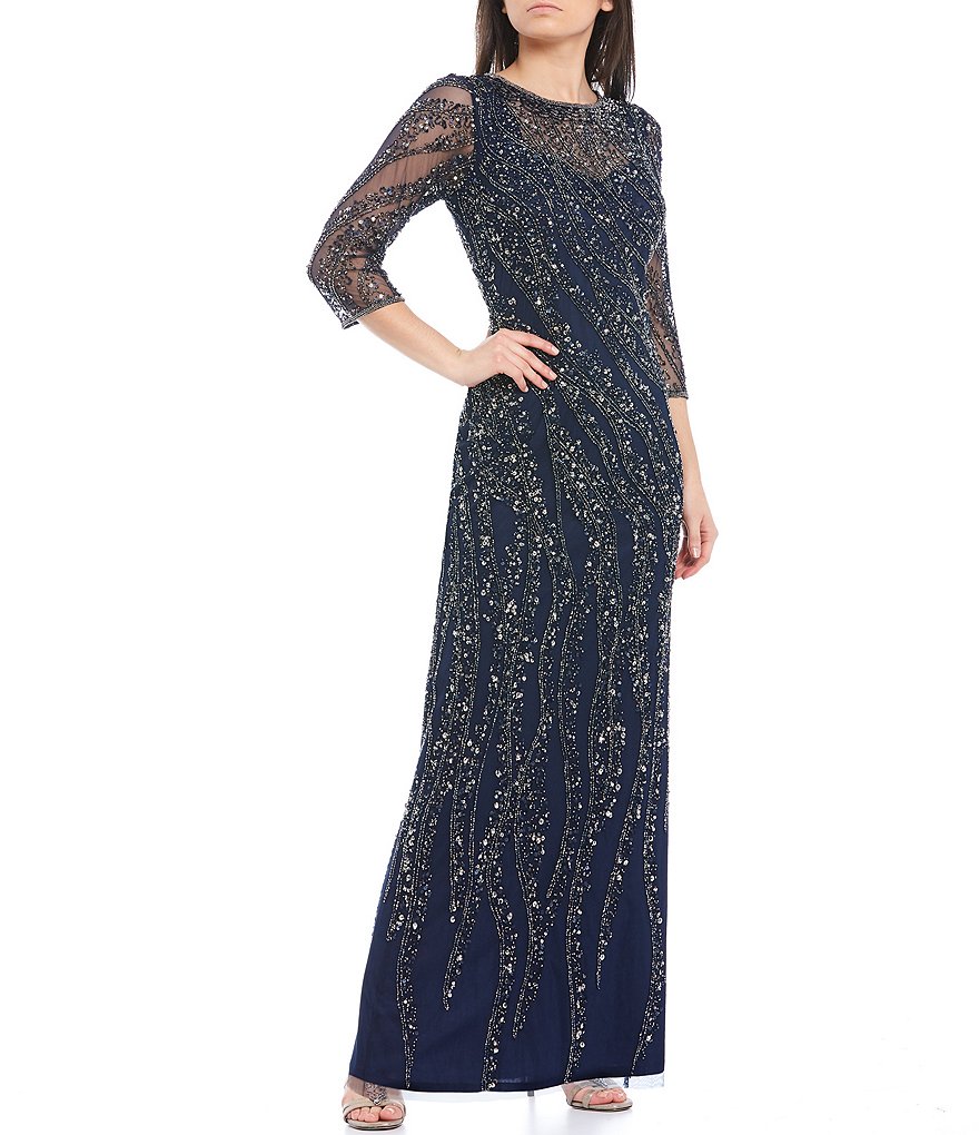Pisarro Nights 3/4 Sleeve Illusion Yoke Beaded Mesh Gown