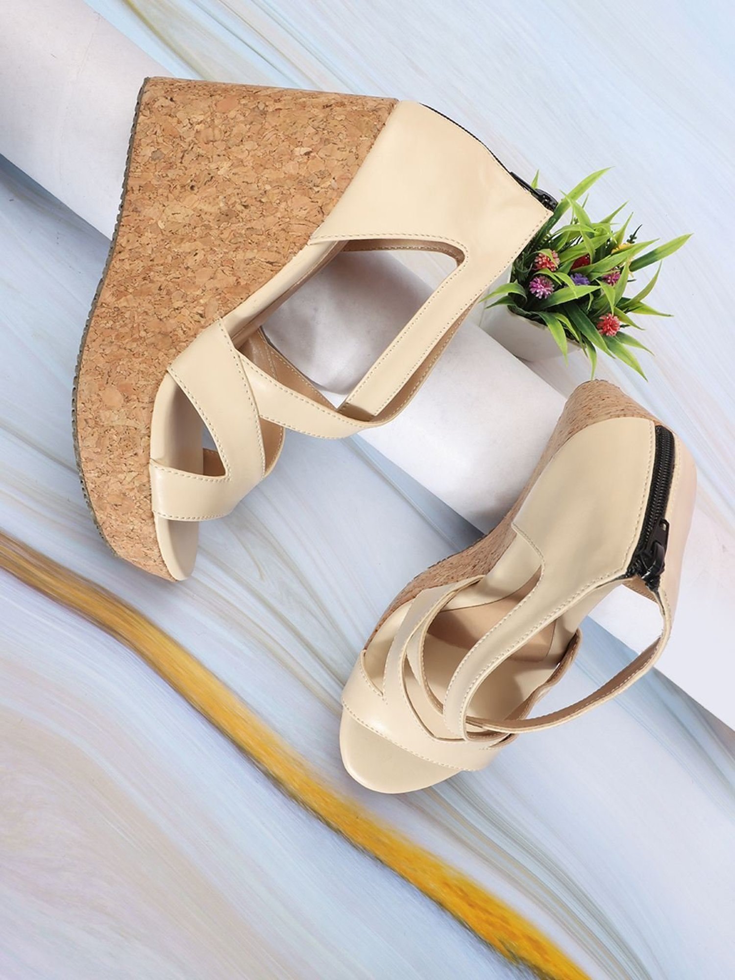 Iconics Women's Cream Cross Strap Wedges