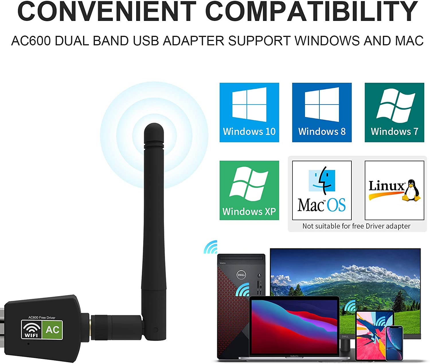 AC600 USB WiFi Adapter for Laptop Desktop PC, 600M Dual Band Wireless Network Adapter with 2.4GHz/5.8GHz High Gain Antenna, Support Windows 10/8/7/XP/Vista, Mac OS 10.9-10.13 and Linux