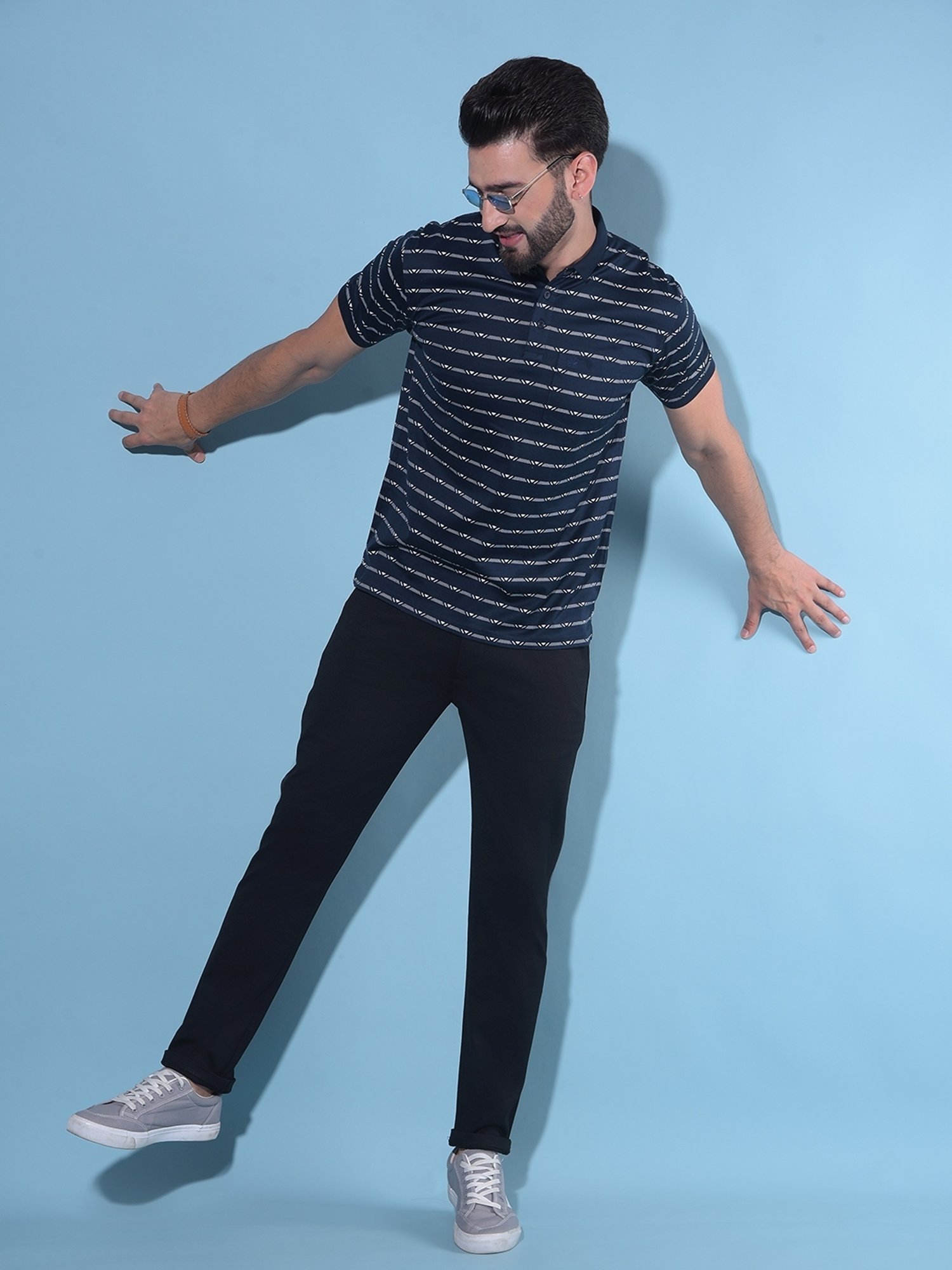 Crimsoune Club Navy Blue Cotton Slim Fit Striped Polo T-Shirt