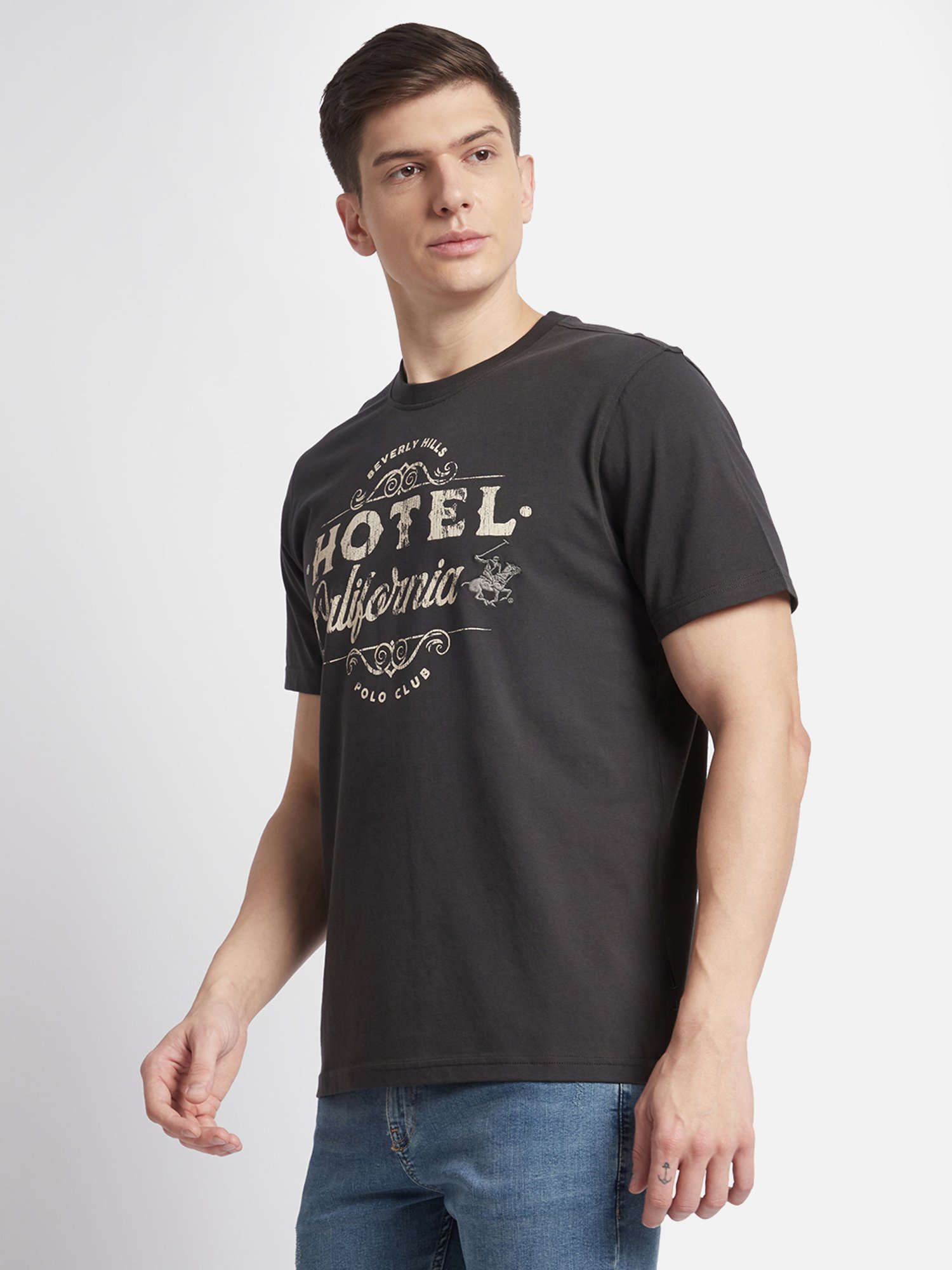 Beverly Hills Polo Club Black Regular Fit Pure Cotton Crew T-Shirt