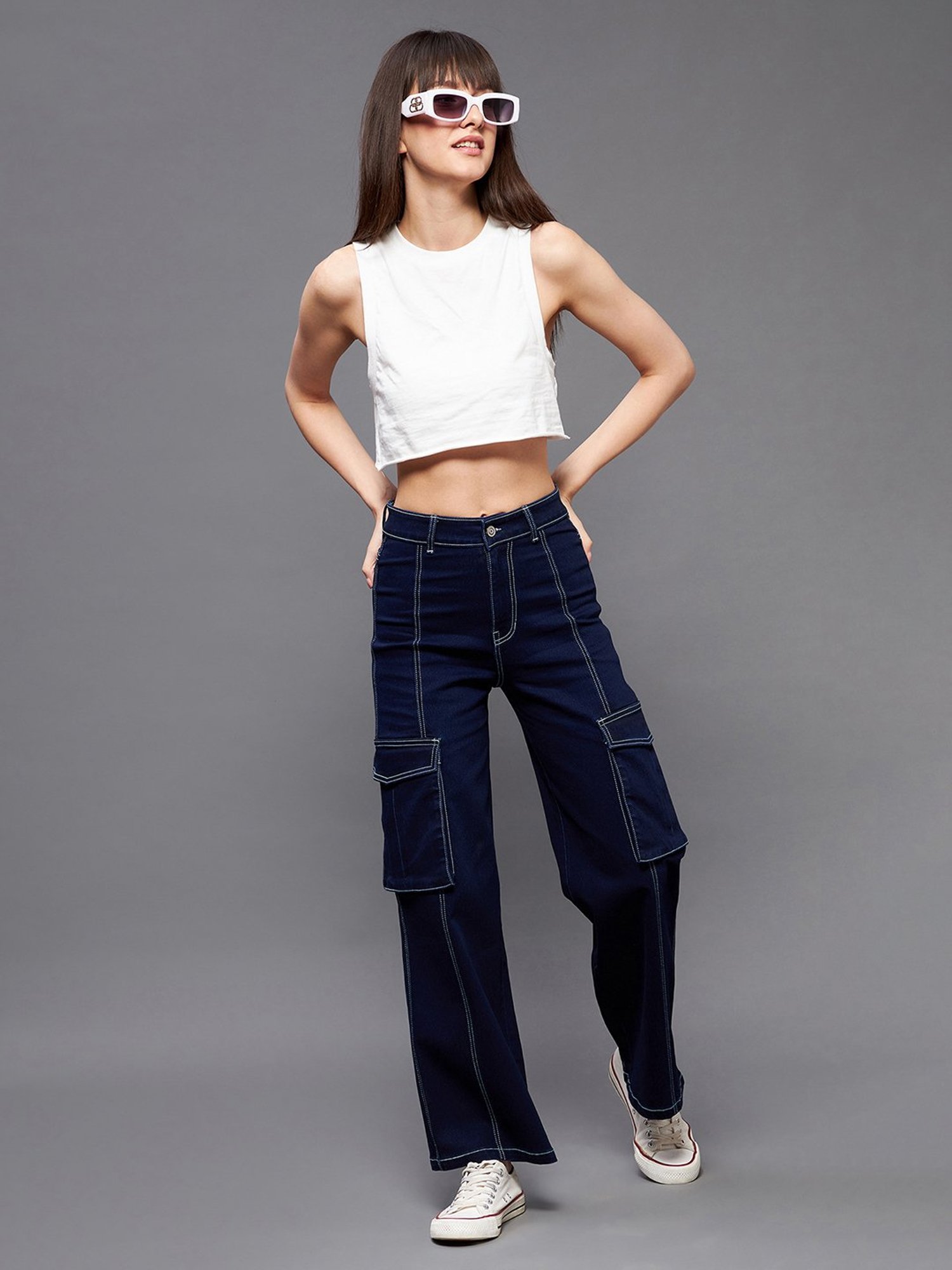 Miss Chase Dark Blue Denim Relaxed Fit High Rise Cargo Jeans
