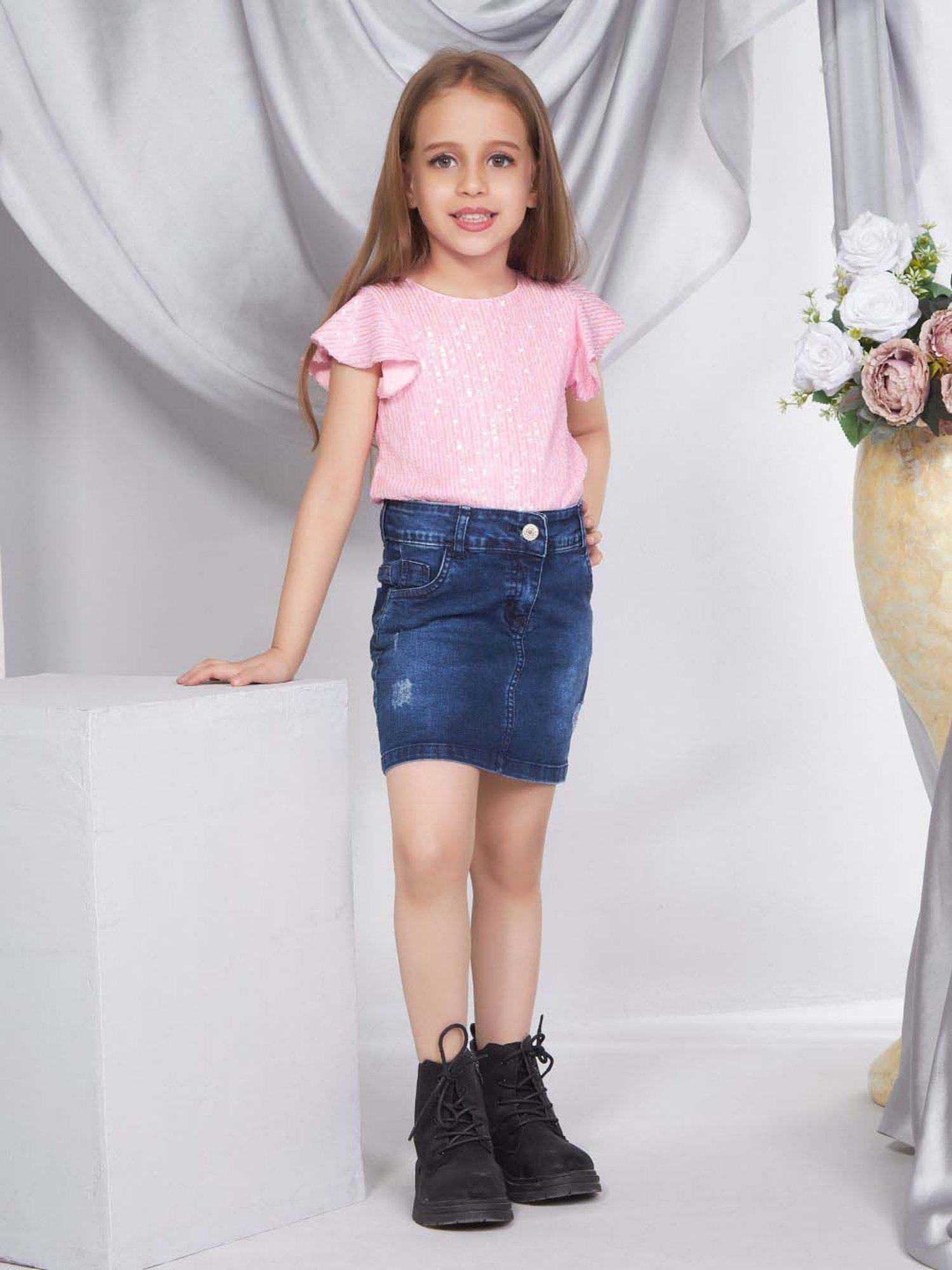 Peppermint Girls Navy Blue Cotton Distressed Skirt