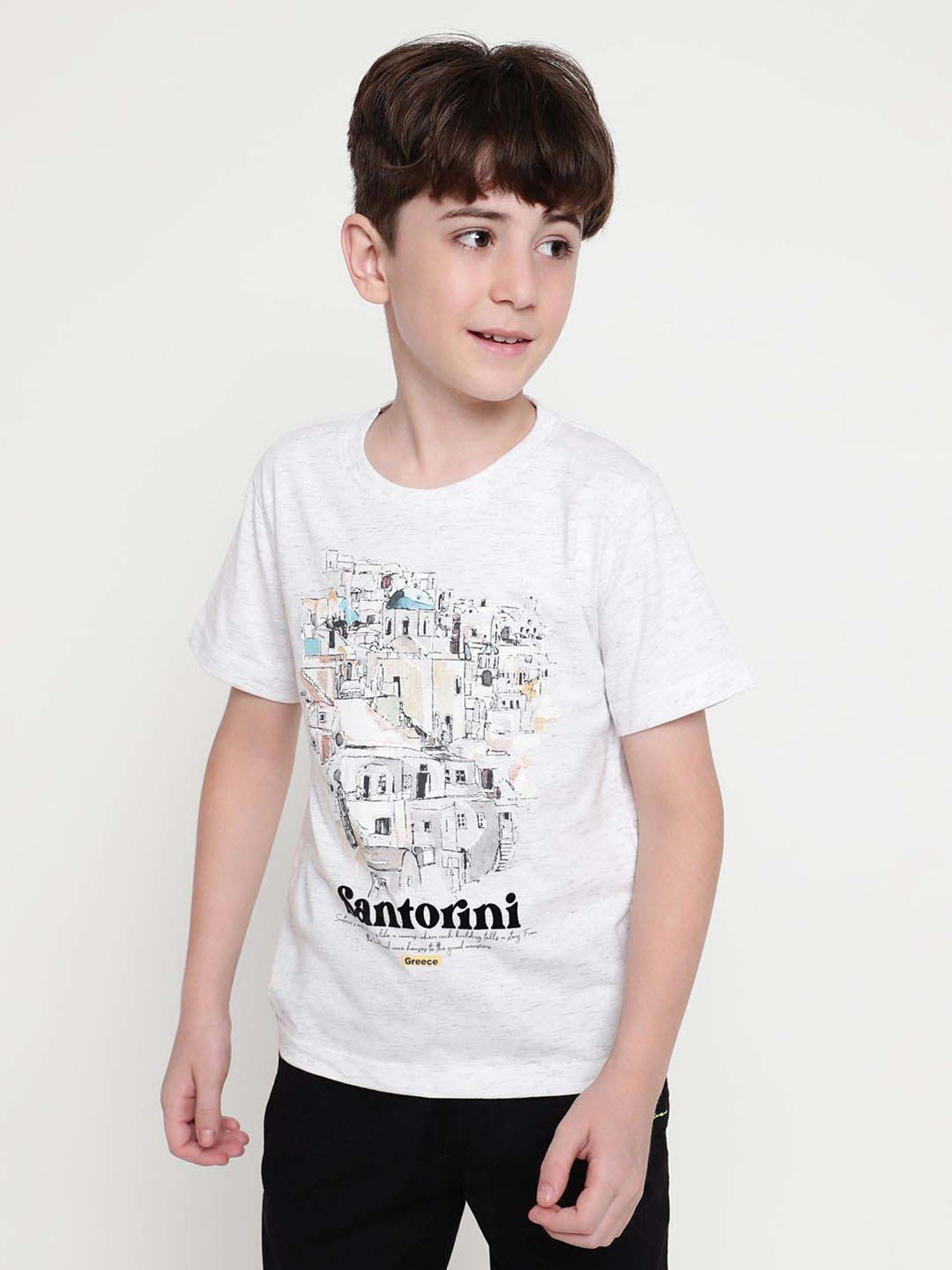 Octave Kids White Melange Cotton Graphics T-Shirt