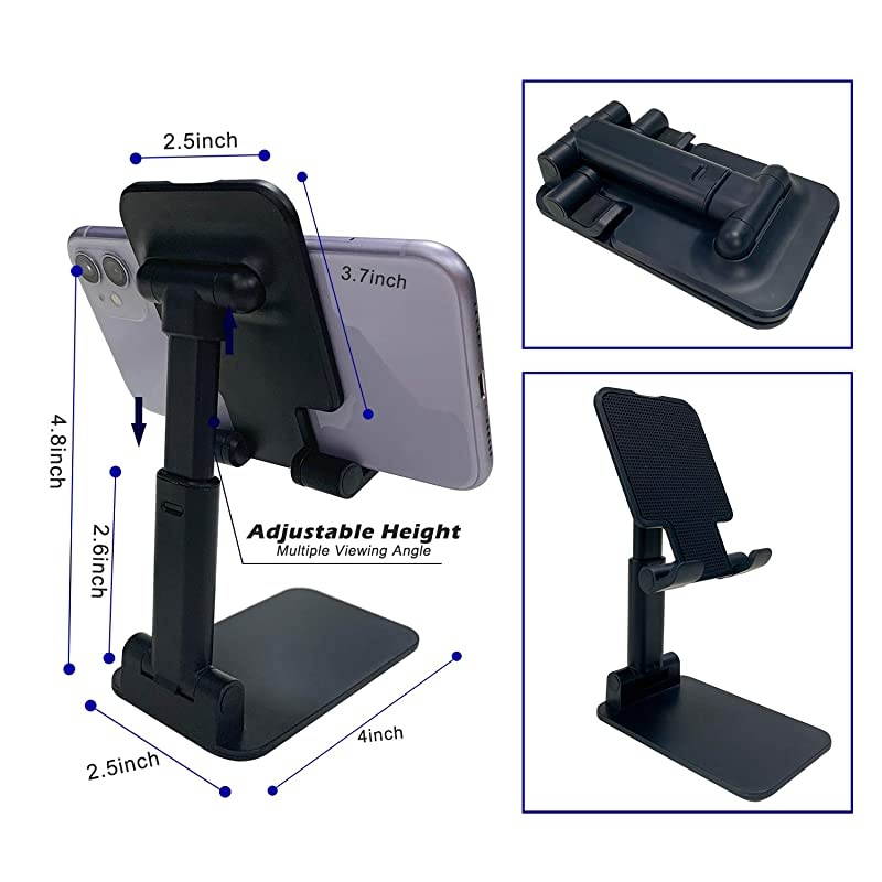 Store Foldable Desktop Cell Phone Tablet Stand, Folding Nonslip Silicone Multi-Angle Adjustable Sturdy Metal Phone Holder for Mobile Phone, iPad, Nintendo Switch, Tablets (4-12.9'') (Black)