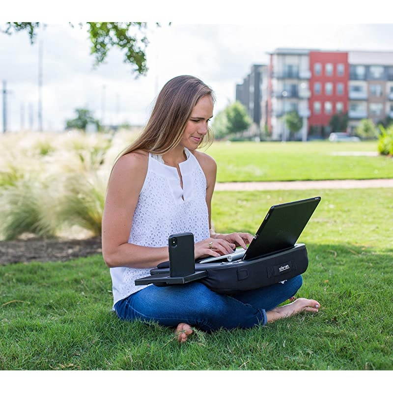 Multi Tasking Memory Foam Lap Desk with USB Light and Mouse Pad - Portable Foldable Home Working Office Workstation - Bed Table Tray for Eating - Fits Computer Up to 15" - Soft Cushion