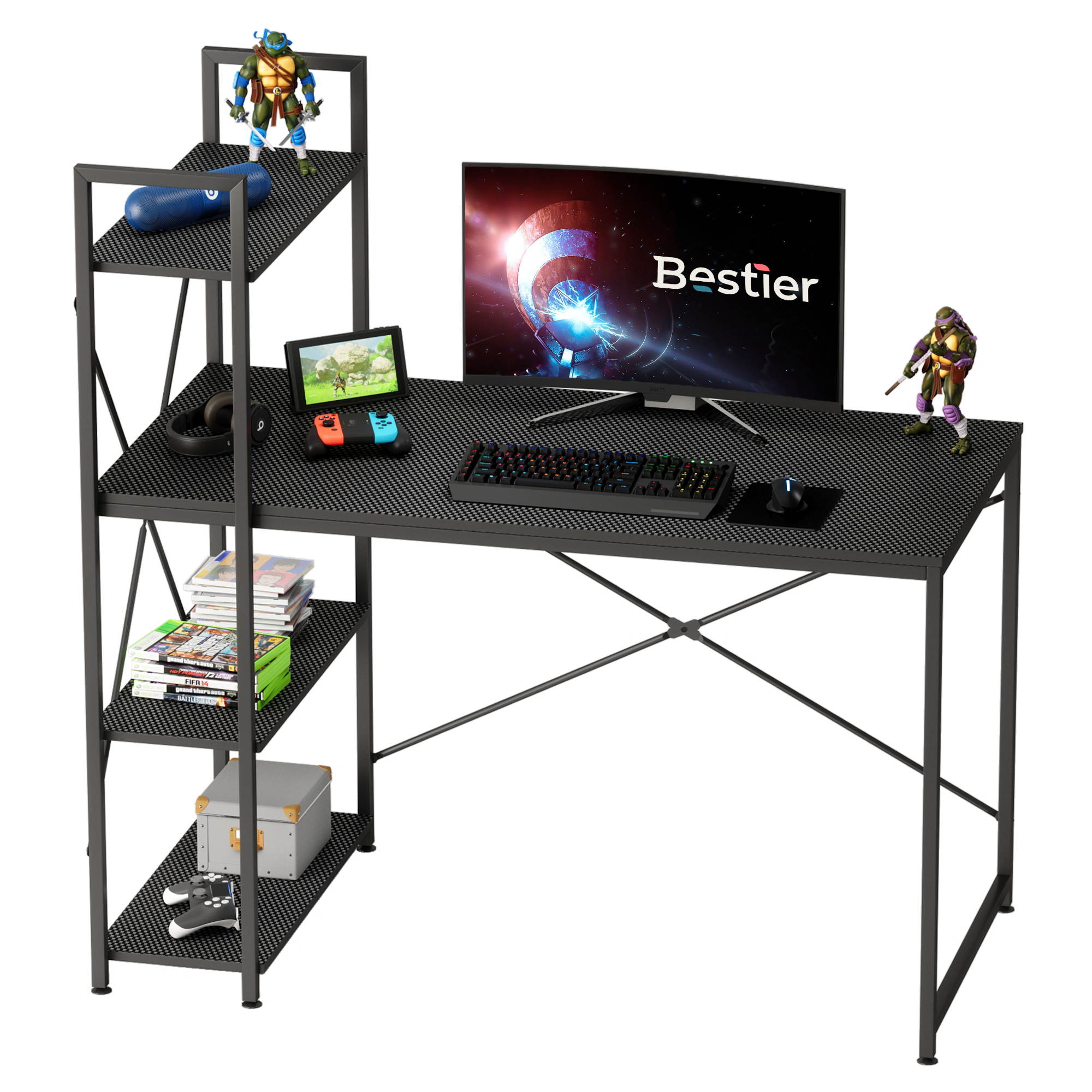 Bestier 63 Inch Computer Desk with Storage Shelves, Modern Bookshelf Desk with Headphone Hook Large Workstation Writing Desk with Reversible Bookshelves Home Office Work Table Study Desk Grey