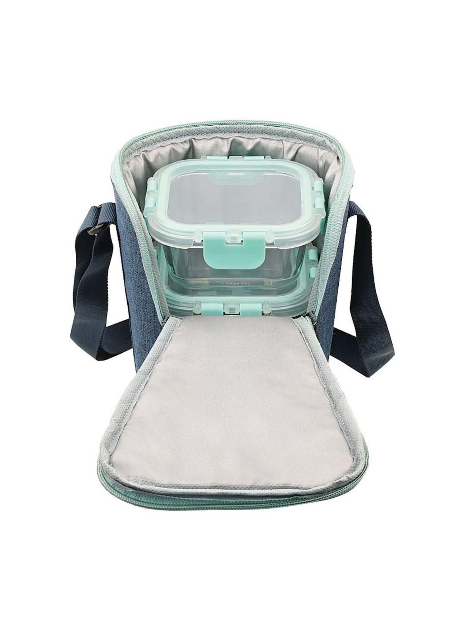 Allo Borosilicate Glass Lunch Box Microwave Oven Safe With Detachable Lock and Denim Blue Tiffin Bag