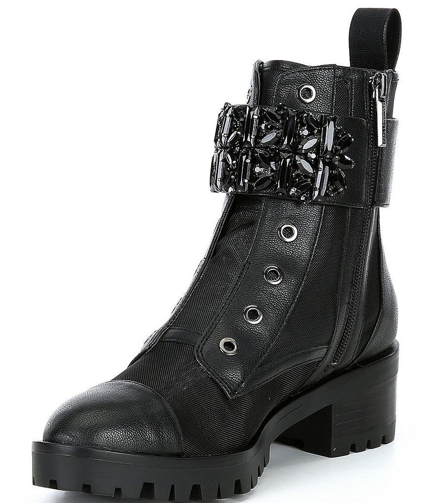 KARL LAGERFELD PARIS Pippa Mesh Bling Strap Lug Sole Combat Booties