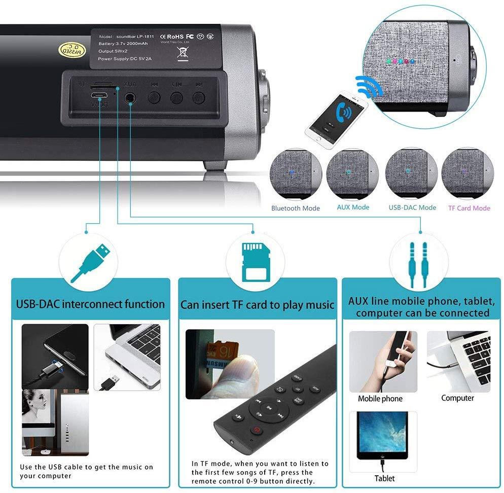 Sanwo Bluetooth Sound Bar Wired and Wireless Home Theater TV Triangle Speaker Bar with Remote Control,TF Card- Surround Sound Bar for TV/PC/Phones/Tablets, 2 X 5W Compact Sound Bar 2.0 Channel