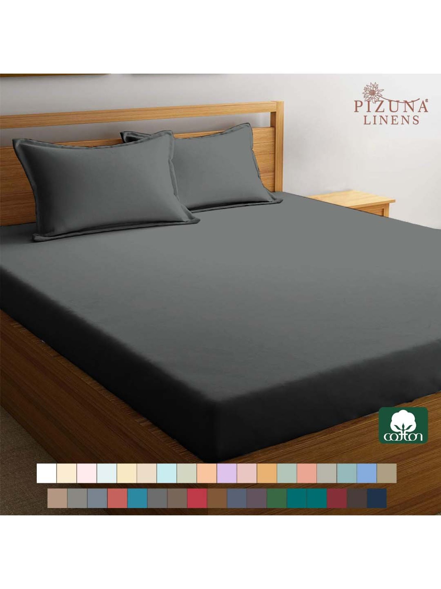 Pizuna 400TC 100% Cotton Dark Grey Fitted Bed Sheet Queen Size With 2 Pillow Cover