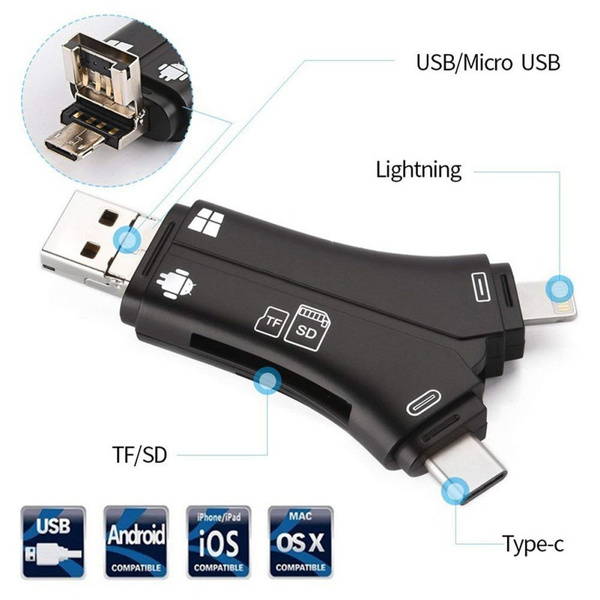 4 in 1 iPhone/Micro usb/USB Type-c/USB SD Card Reader for iPhone iPad Mac & Android, SD & Micro SD, PC