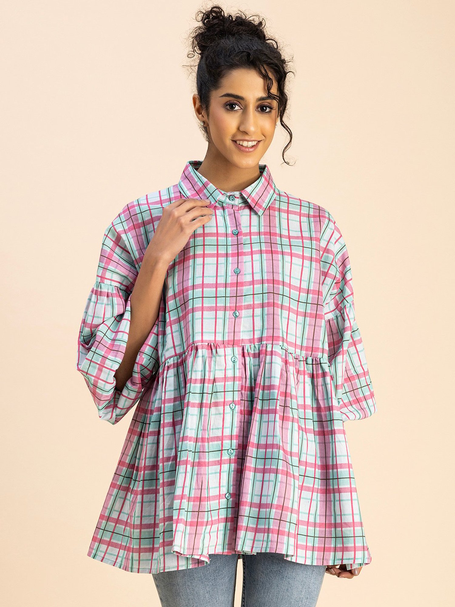 Moomaya Pink & Green Cotton Checks Top