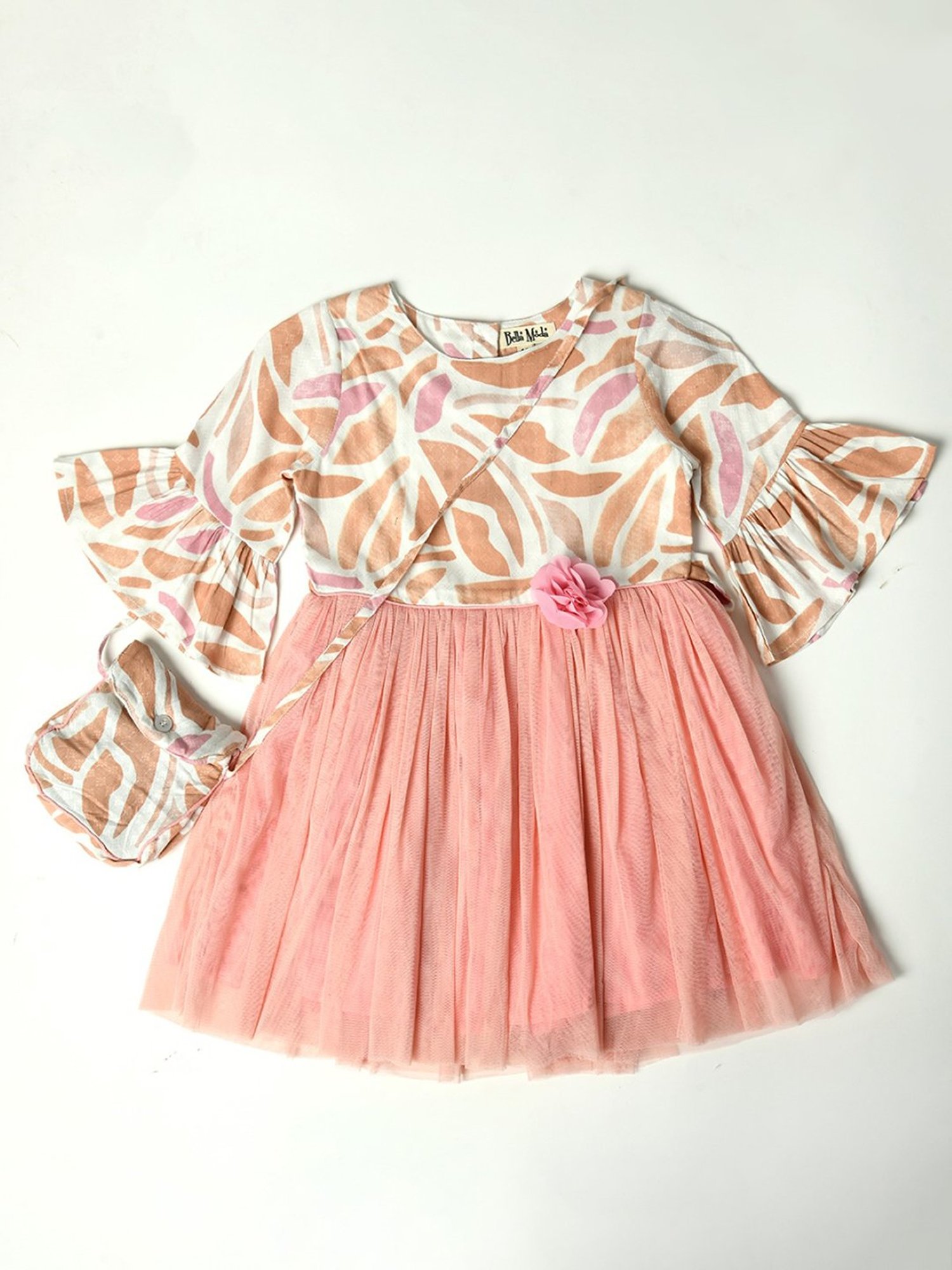 Bella Moda Kids Peach & White Printed Fit & Flare Dress with Bag