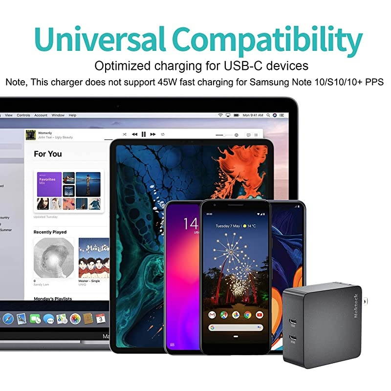 63W USB C Wall Charger with 45W Power Delivery Foldable Plug Charging Adapter with 66ft Type C Cable for MacBook Pro Dell XPS Surface Go Pixelbook iPad Pro Galaxy iPhone 11 Pro Max