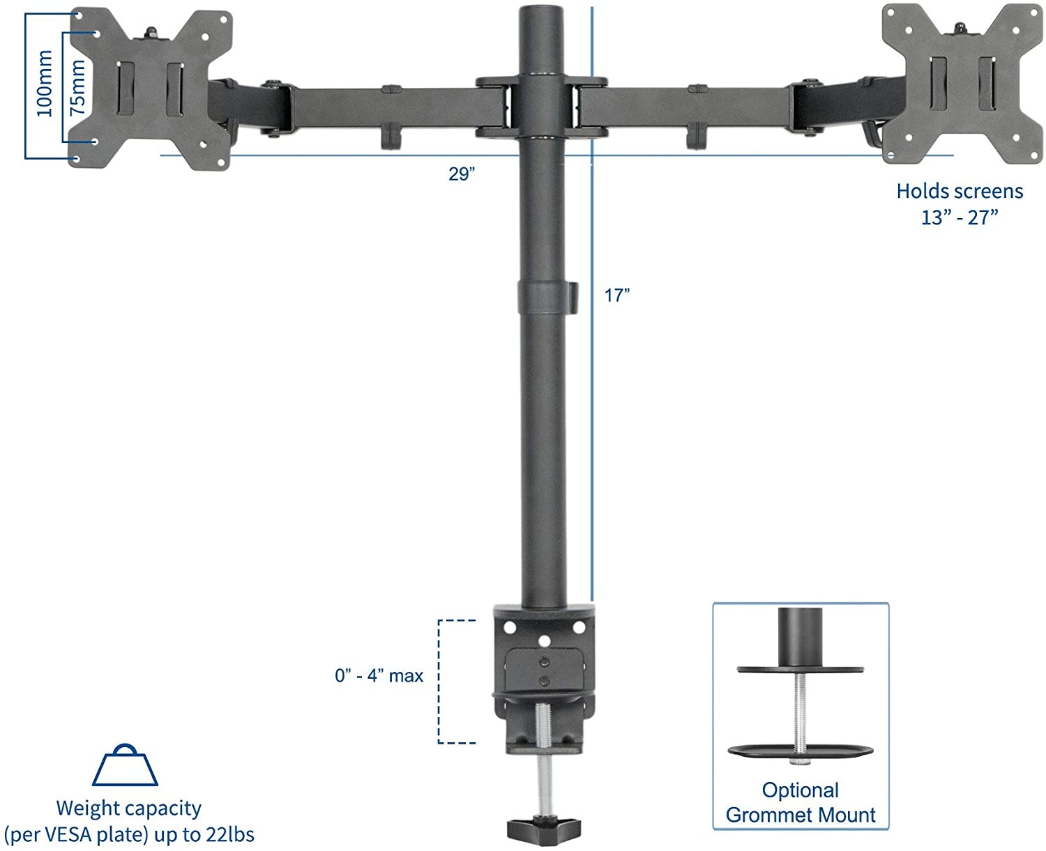 VIVO Dual LCD Monitor Desk Mount Stand Heavy Duty Fully Adjustable Fits 2 Screens up to 27" (STAND-V002)