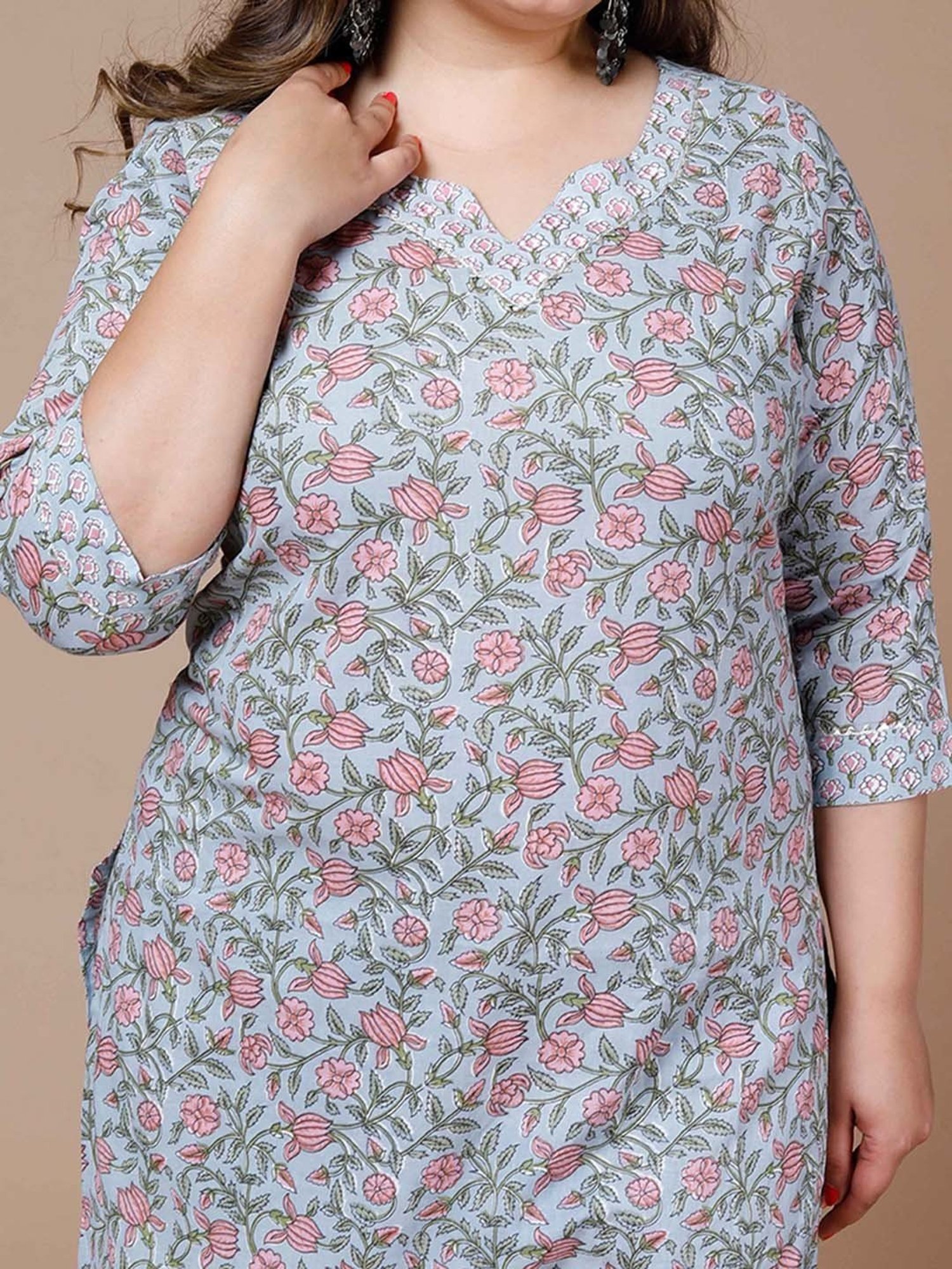 Miravan Blue Floral Print Plus Size Kurta & Palazzo Set