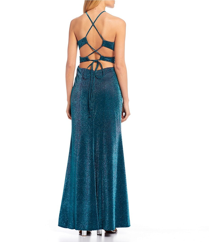 Morgan & Co. Spaghetti Strap Iridescent Lace-Up Back Side Slit Shimmer Long Dress