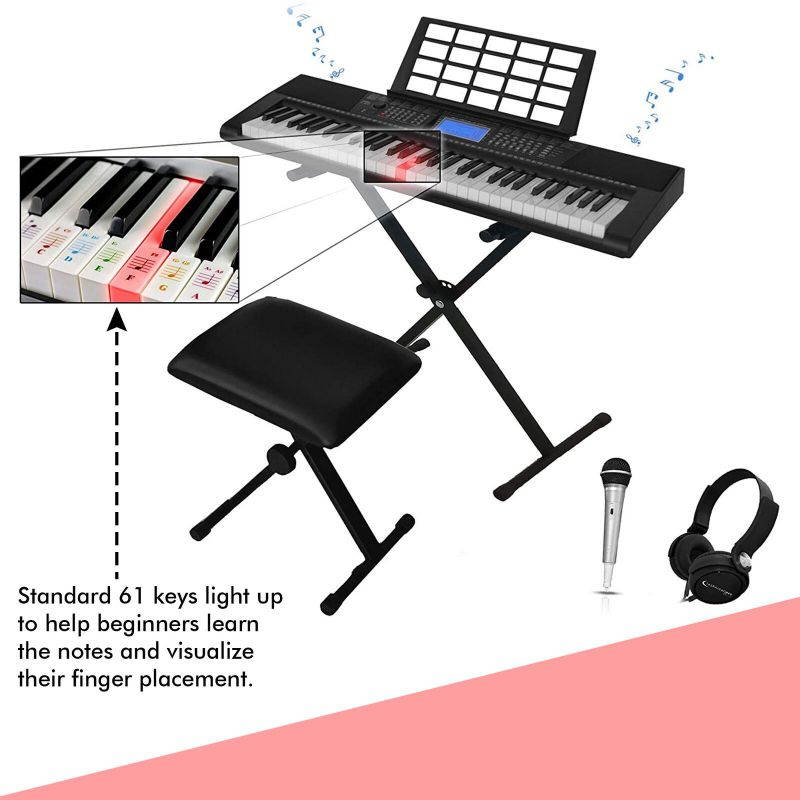 Technical Pro 61 Keys Electric Piano Learning Keyboard Bundle w Seat, Stand, Mic