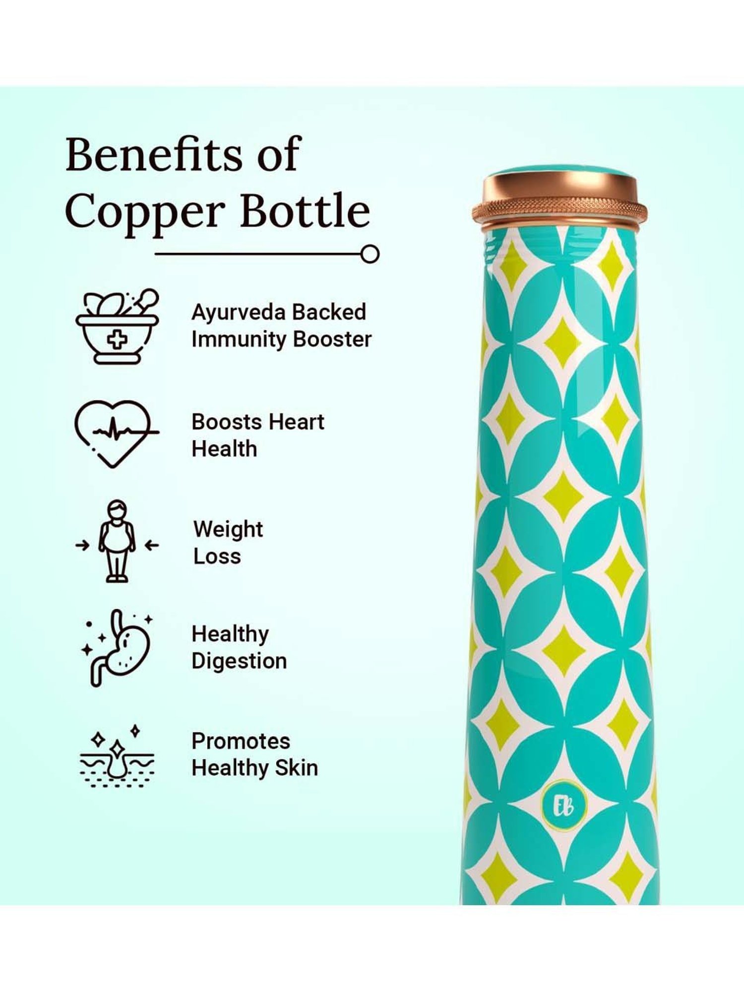 Everything Beautiful Aqua Blue Copper Water Bottle - Slim (0.75 L)