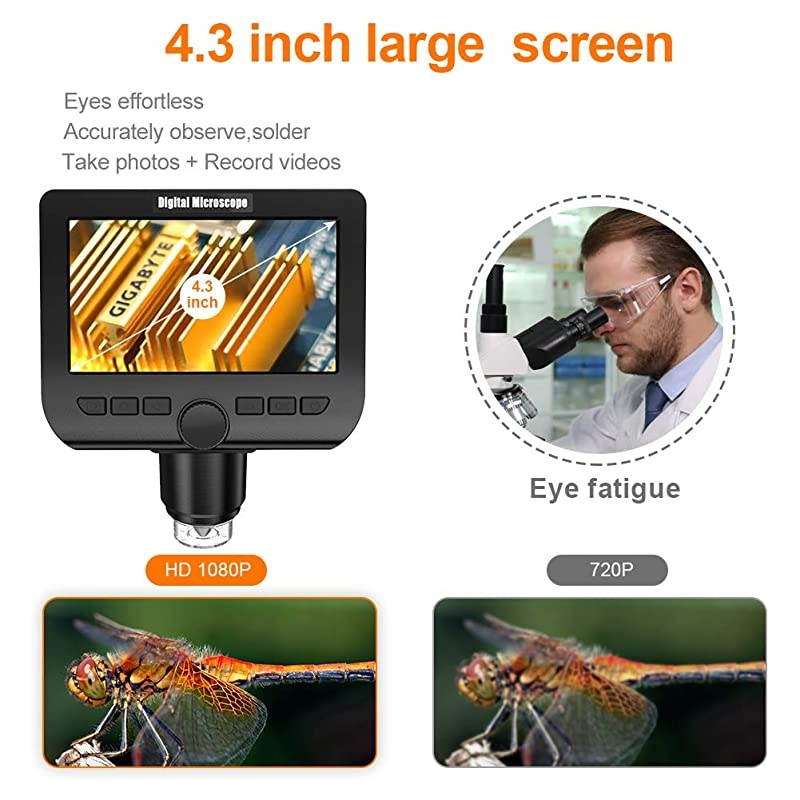 LCD Digital Microscope  43 Inch 1080P 2 Megapixels 1000X Magnification Zoom Wireless USB Stereo Microscope Camera Compatible with iPhone Android iPad MAC Windows with 32GB TF Card