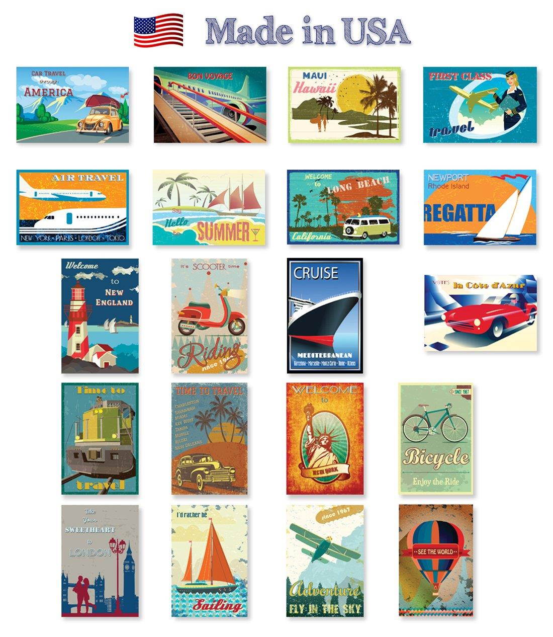 VINTAGE TRAVEL POSTERS postcard set of 20. Post card variety pack of retro style poster postcards. Made in USA.