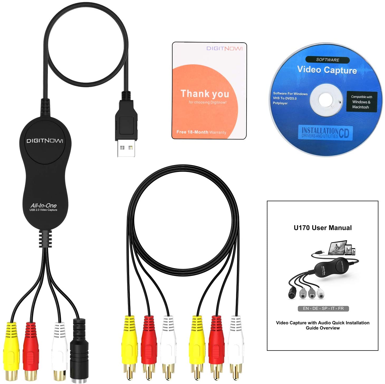 DIGITNOW USB 2.0 Video Capture Card Device Video Grabber One Touch VHS VCR TV to DVD Converter, Transfer VHS Home Videos to Mac OS X PC Windows 7 8 10