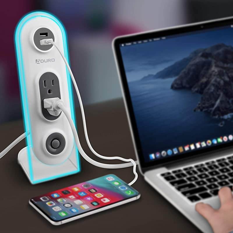 Dual USB 2 Outlet Power Strip Charging Desktop Stand Hub Extension for Phone, Laptop, with Surge Protection, Power Button, 4ft Cord - White/Black