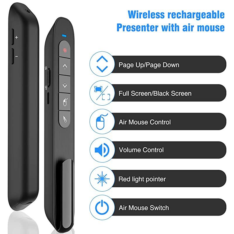 Wireless Presenter Remote with Air Mouse Rechargeable PPT Presentation Pointer RF 24GZ PowerPoint Clicker Computer Slide Advancer