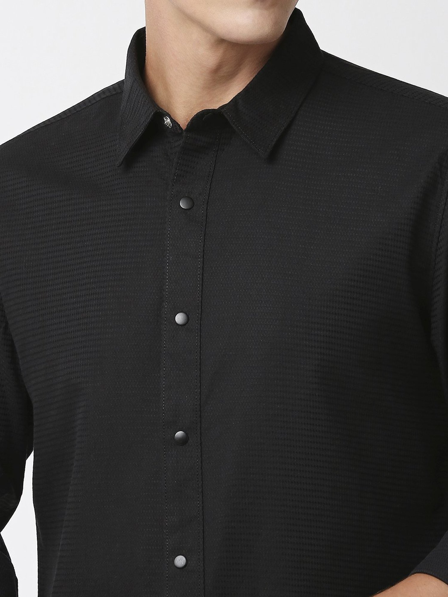 SOLEMIO Black Cotton Slim Fit Self Pattern Shirt