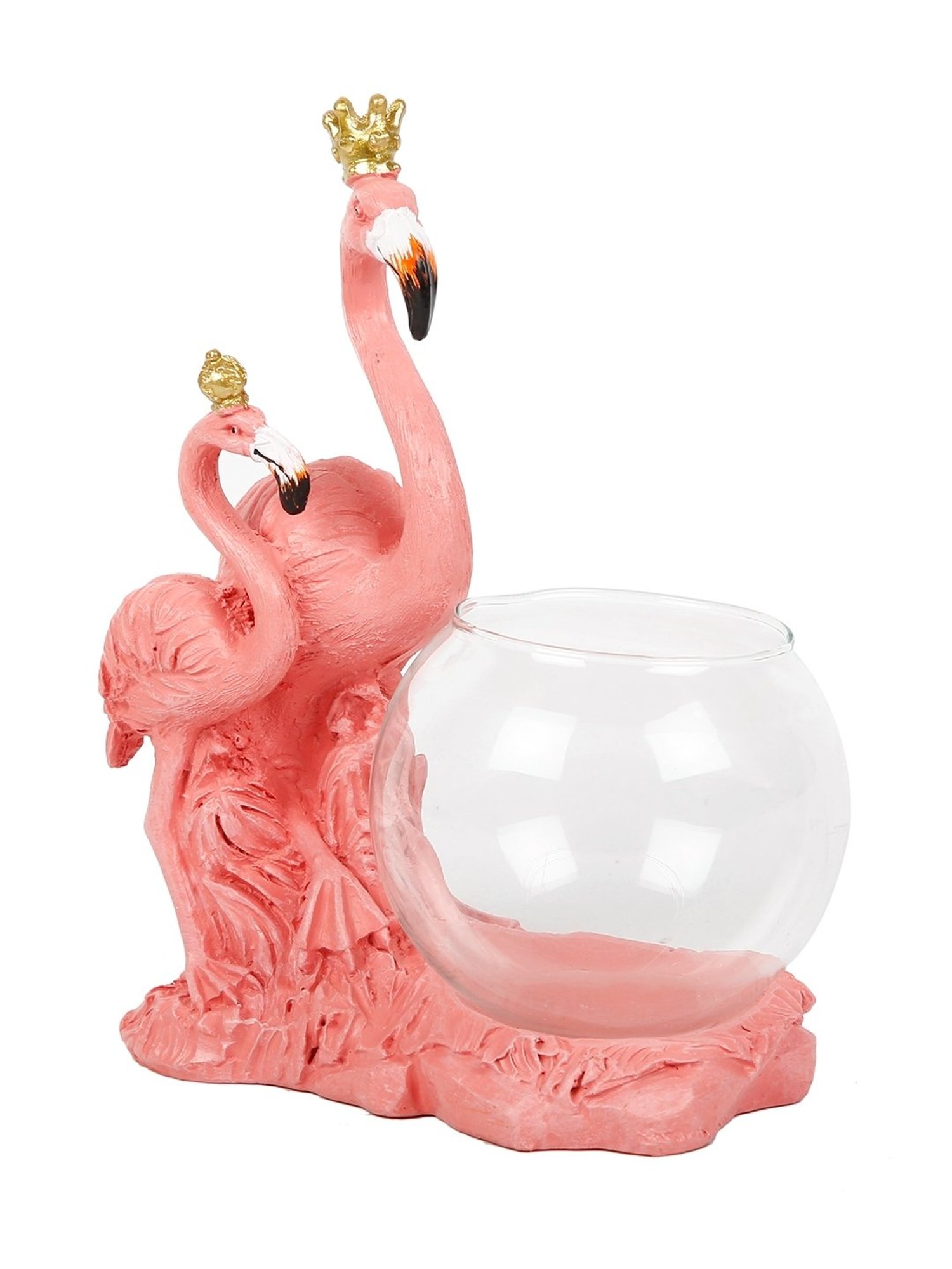 Tayhaa Pink & Transparent Polyresin Flamingo Showpiece with Glass Bowl - Set of 1