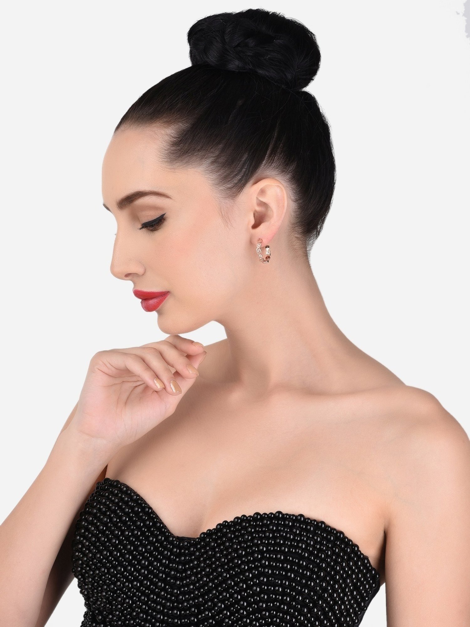 Zaveri Pearls Set of 2 Rose Gold Cubic Zirconia Contemporary Semi Hoop Earrings - ZPFK13362