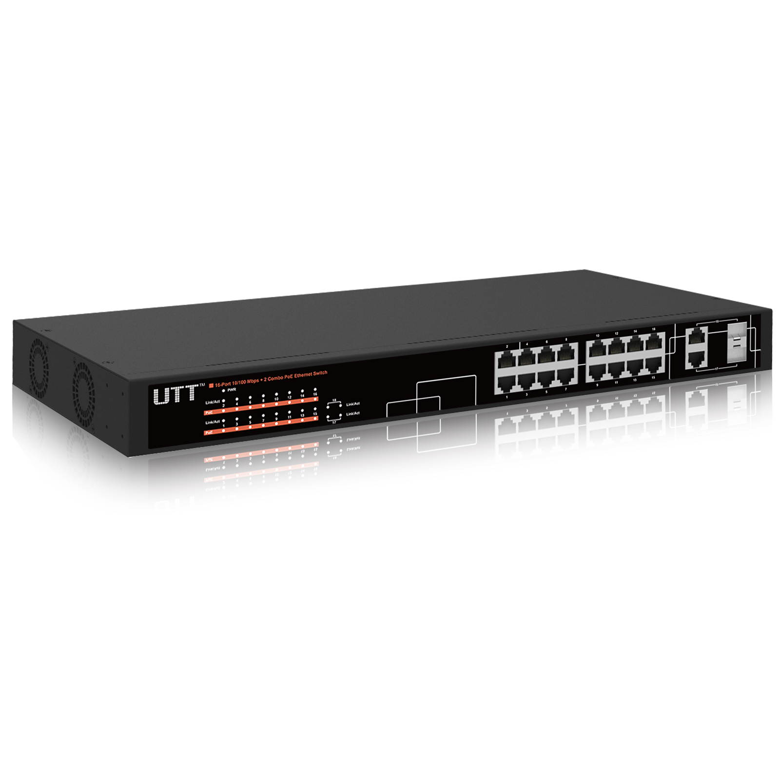UTT S1162P 16-Port Unmanaged Fast Ethernet PoE Switch, 16 PoE Ports 260W, 802.3af/at, Additional 2-Combo Ports Gigabit for Uplinks, Ideal for IP Cameras