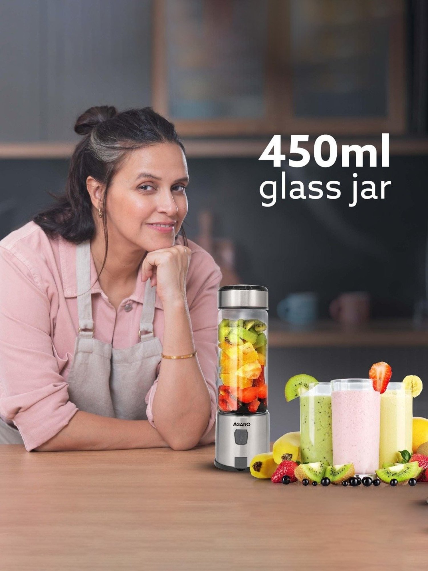 Agaro Portable Hand Blender 126W, 480ml with 3000 mAh Battery & USB Rechargeable (Black)