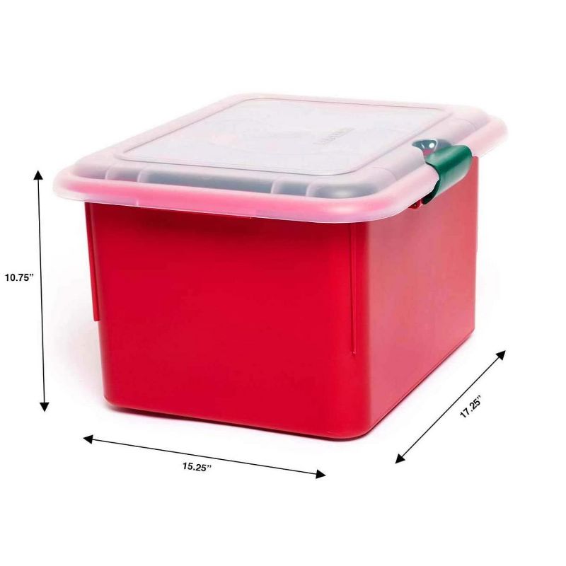Homz Products Heavy Duty Holiday Christmas Tree Decorative Light Plastic Clear Snap Tight Secure Lid Storage Box Bin with 4 Cord Wrap Organizers, Red