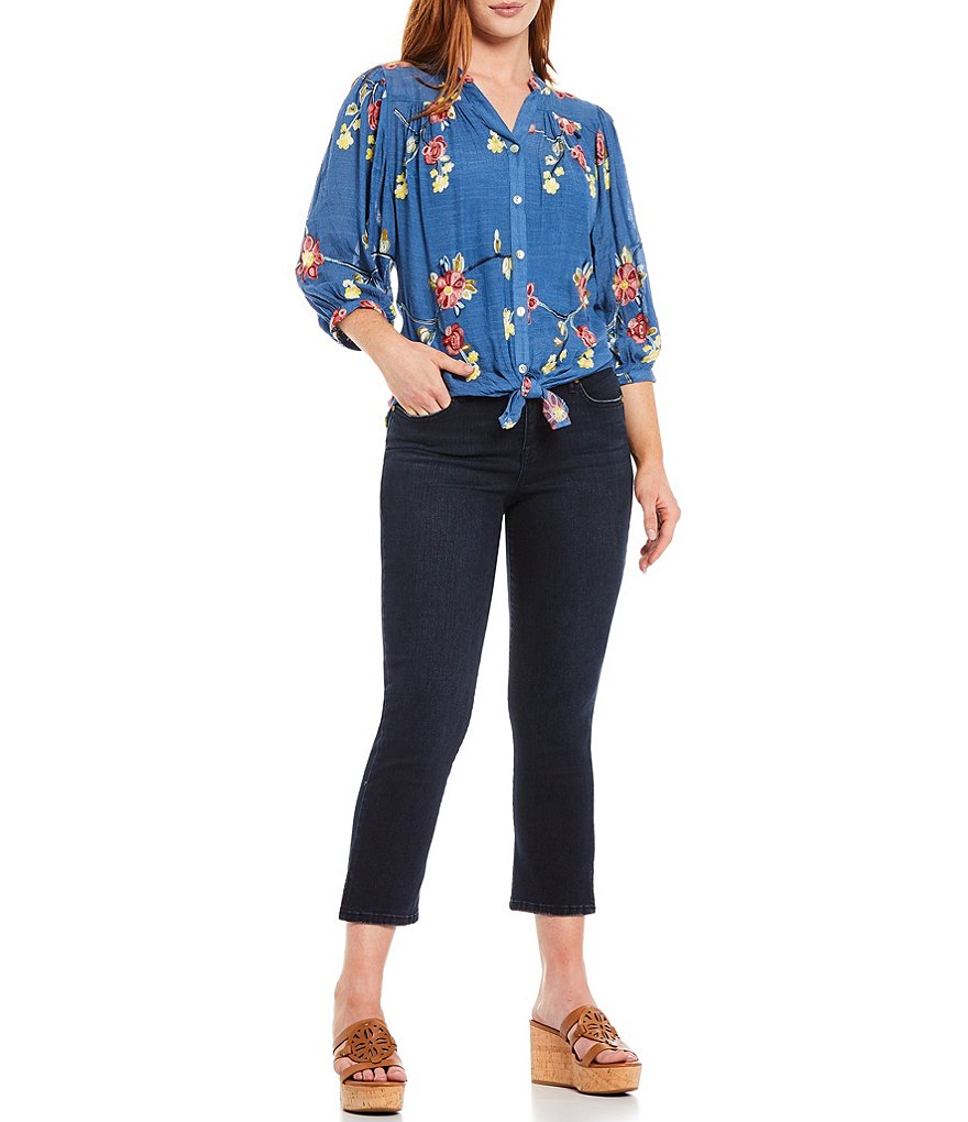 Figueroa & Flower Cecilia Floral Embroidery 3/4 Sleeve Button Down Tie-Front Top
