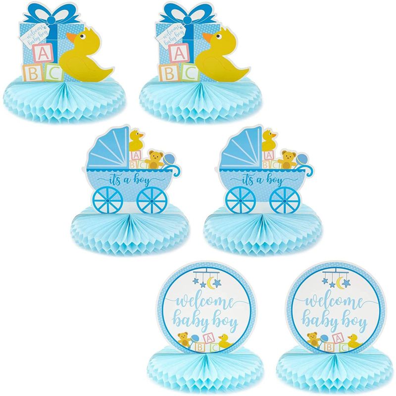 6 Pack (2 of Each) Baby Shower Table Honeycomb Decorations for Boys, 3 Assorted Design, Blue, 8.25 x 7.5 inches