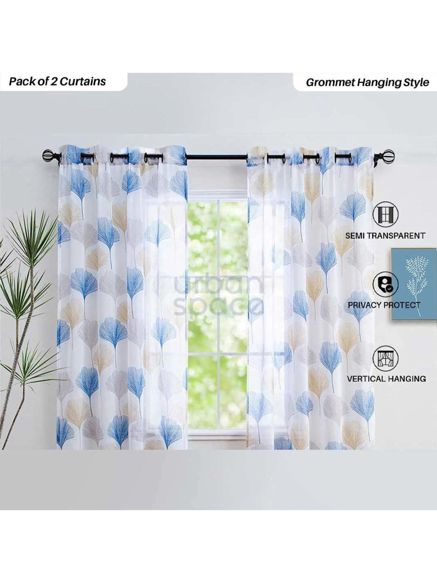 Urban Space Multicolor Polyester Window Curtain With Tieback & Eyelet - Set of 2