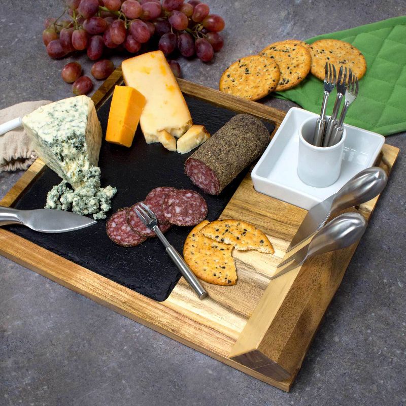 Zelancio 10 Piece Charcuterie Cheese Board Set with Acacia Wood Serving Tray, Slate Board, Serving Forks, Cheese Cutting Knives/Tools, and Olive Dish