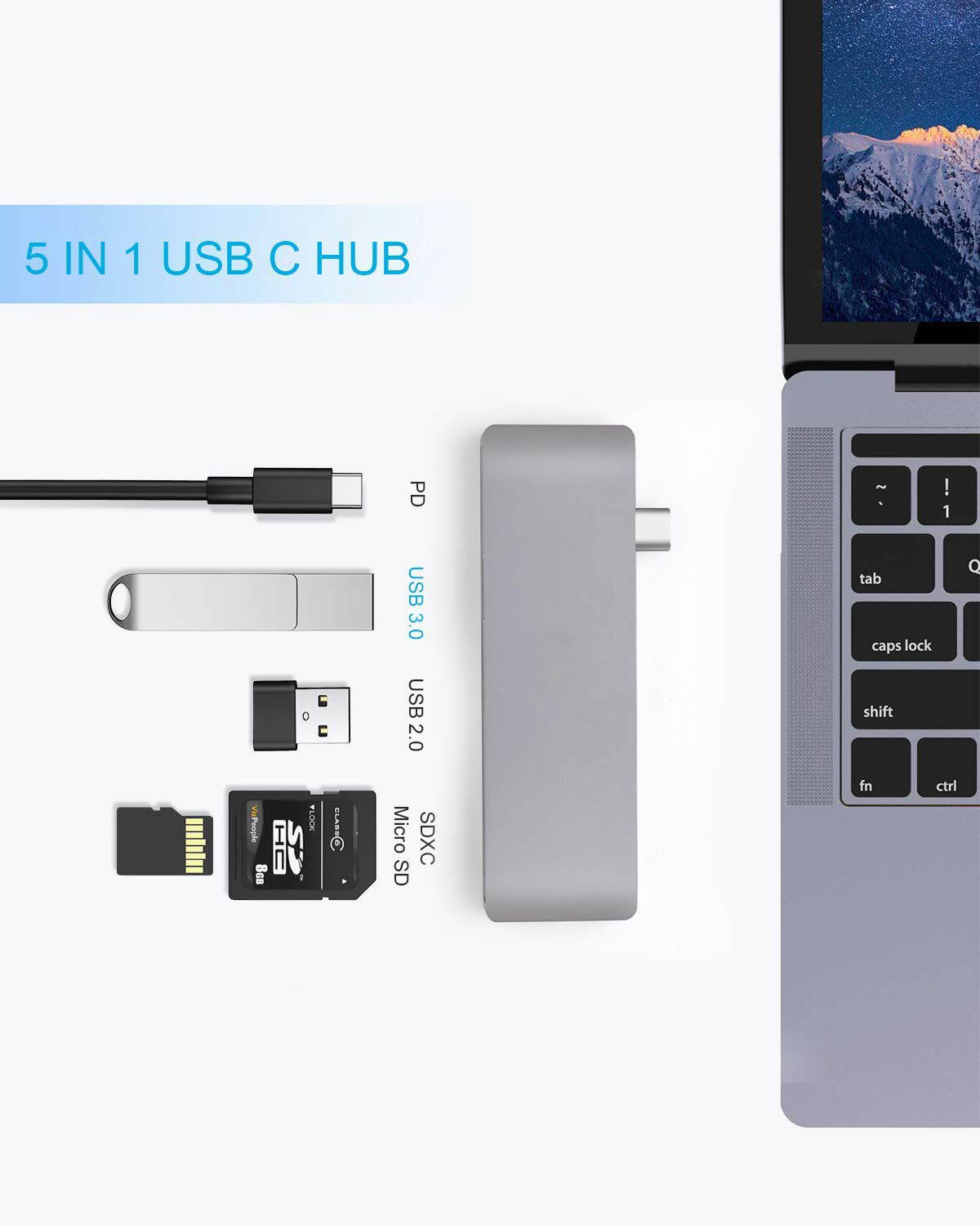 Jansicotek Type C Hub USB C Hub 5 in 1 Multiport Adapter with 2 USB 3.0 Port, Type C Power Delivery, SD/Micro SD Card Readers for New MacBook MacBook Pro Surface Pro4 and More Type C Devices (Gray)