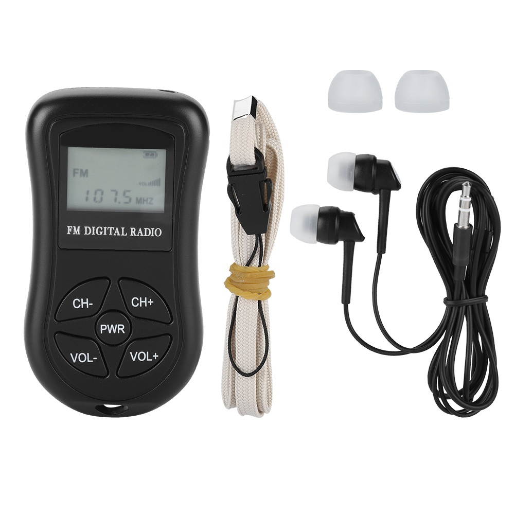 Black Mini Portable Pocket Digital Battery Powered FM Radio Receiver w/ Earphone
