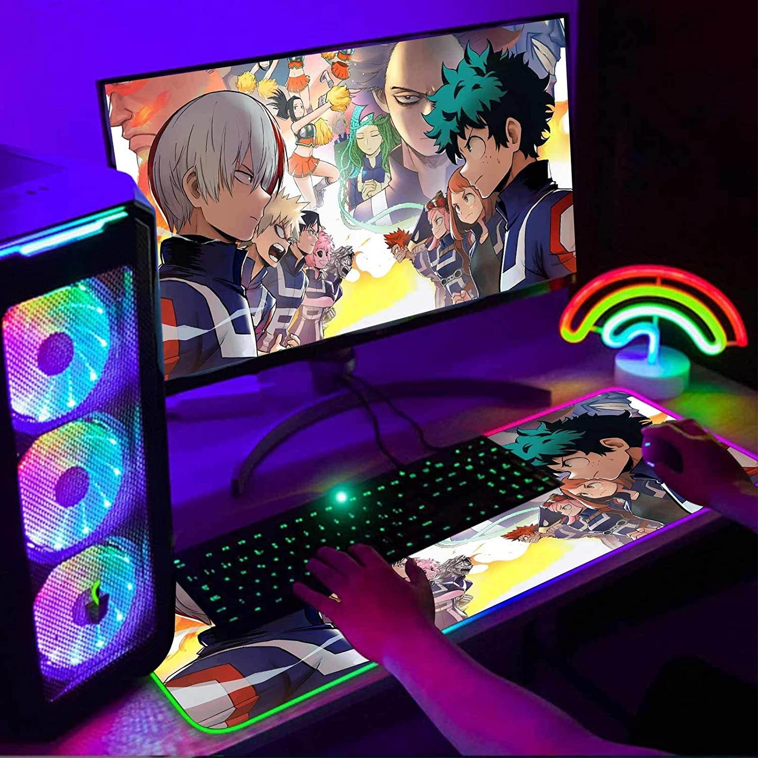 RGB Large Mouse Pad Anime My Hero Academia Anime Heroes,Mousepad with 12 Lighting Modes & Non-Slip Rubber Base-Laptop Glowing Desk Pads-Computer Keyboard and Mice Combo Pad Mat 31.5X11.8